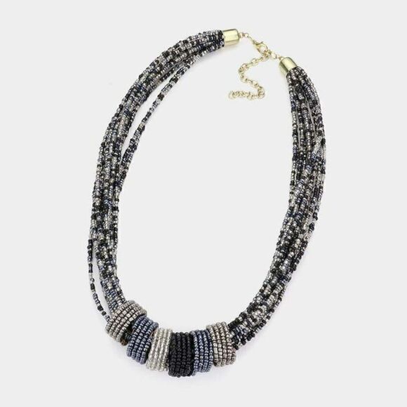 Multi Strand Black Seed Beaded Necklace Set - Picture 2 of 7